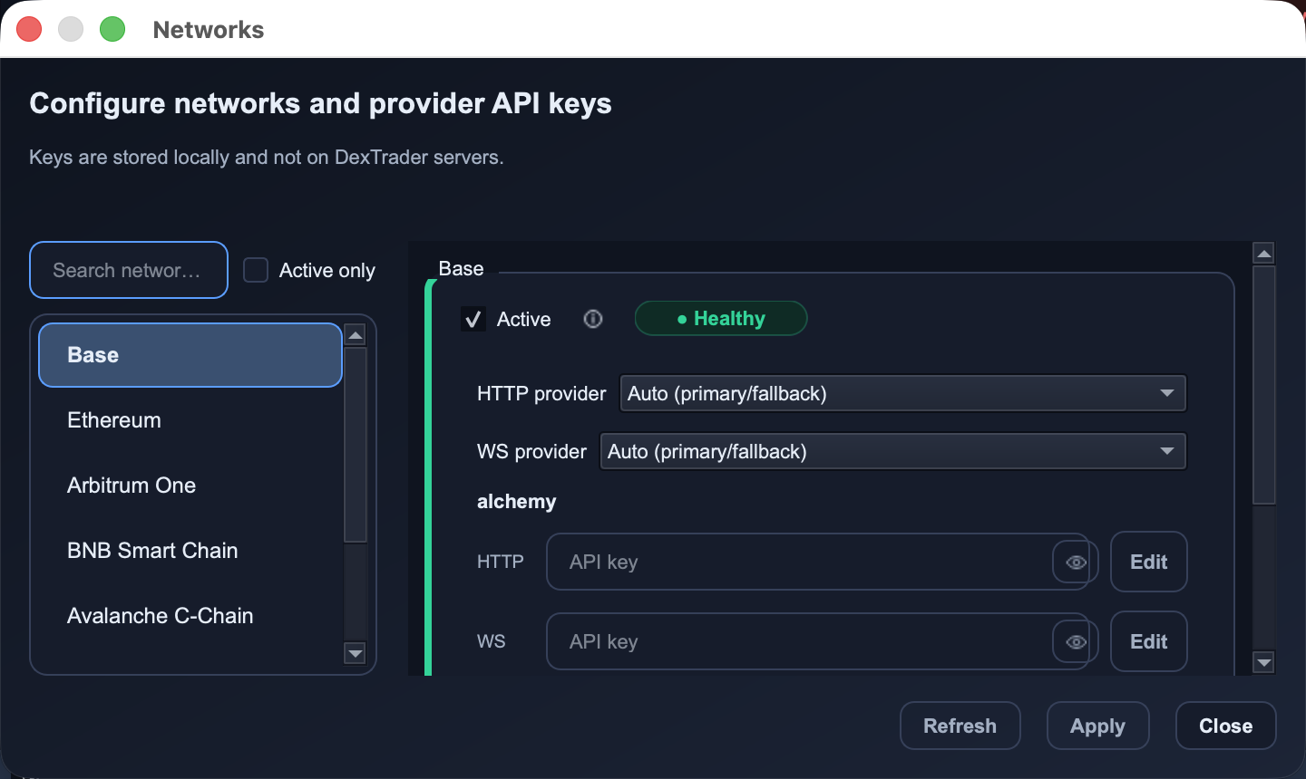 Figure 2: Networks configuration window with active chain selection, provider options, and API key fields.