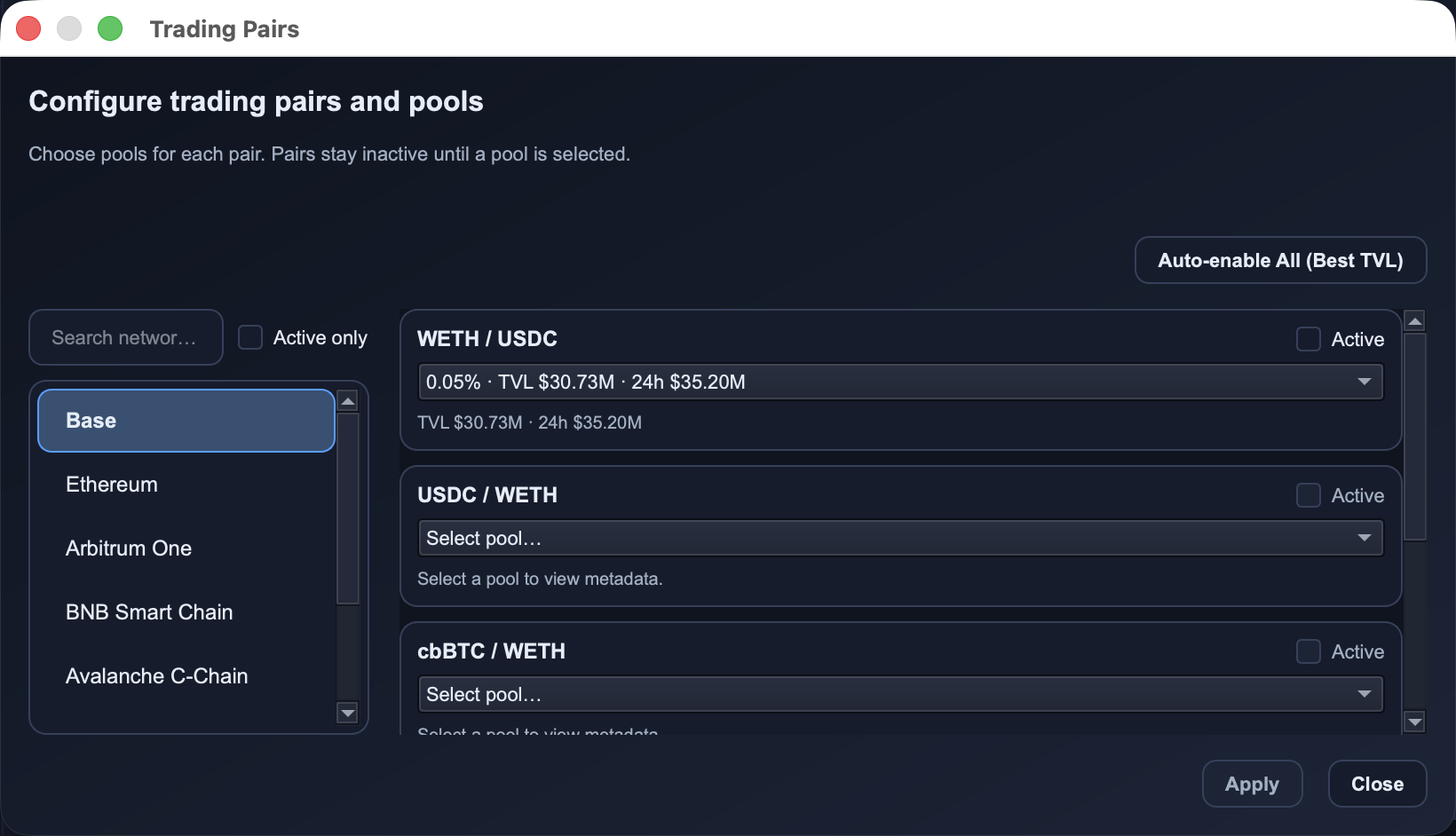 Figure 3: Trading pairs window with pair rows, pool selectors, and active toggles.