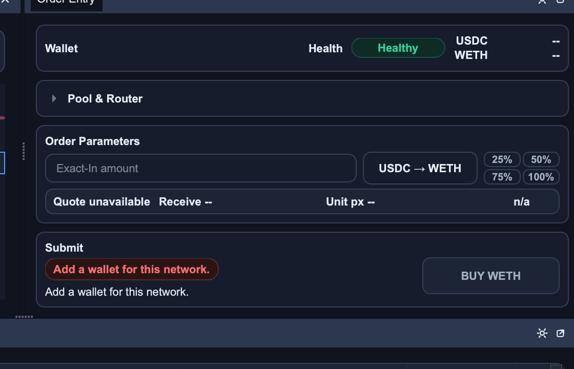 Figure 5: Order Entry panel showing wallet, quote state, order parameters, and submit section.